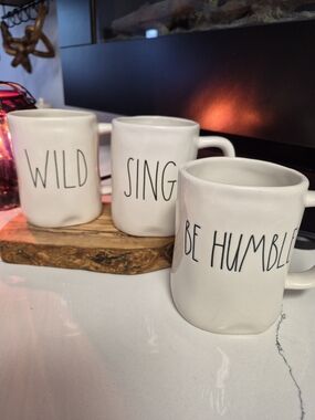 Rae Dunn White Ceramic Mug Set with Black Lettering - BE HUMBLE, SING, WILD